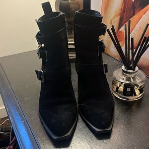 Black suede booties 3 buckle